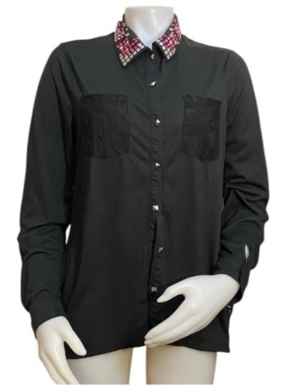 Black Long-Sleeve Button-Up Top with Embellished Collar